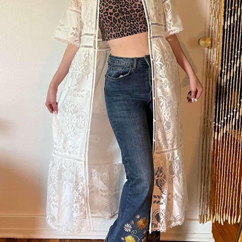 Anewsta White Lace Duster Kimono Button Front Maxi Size M Bohemian Short Sleeve